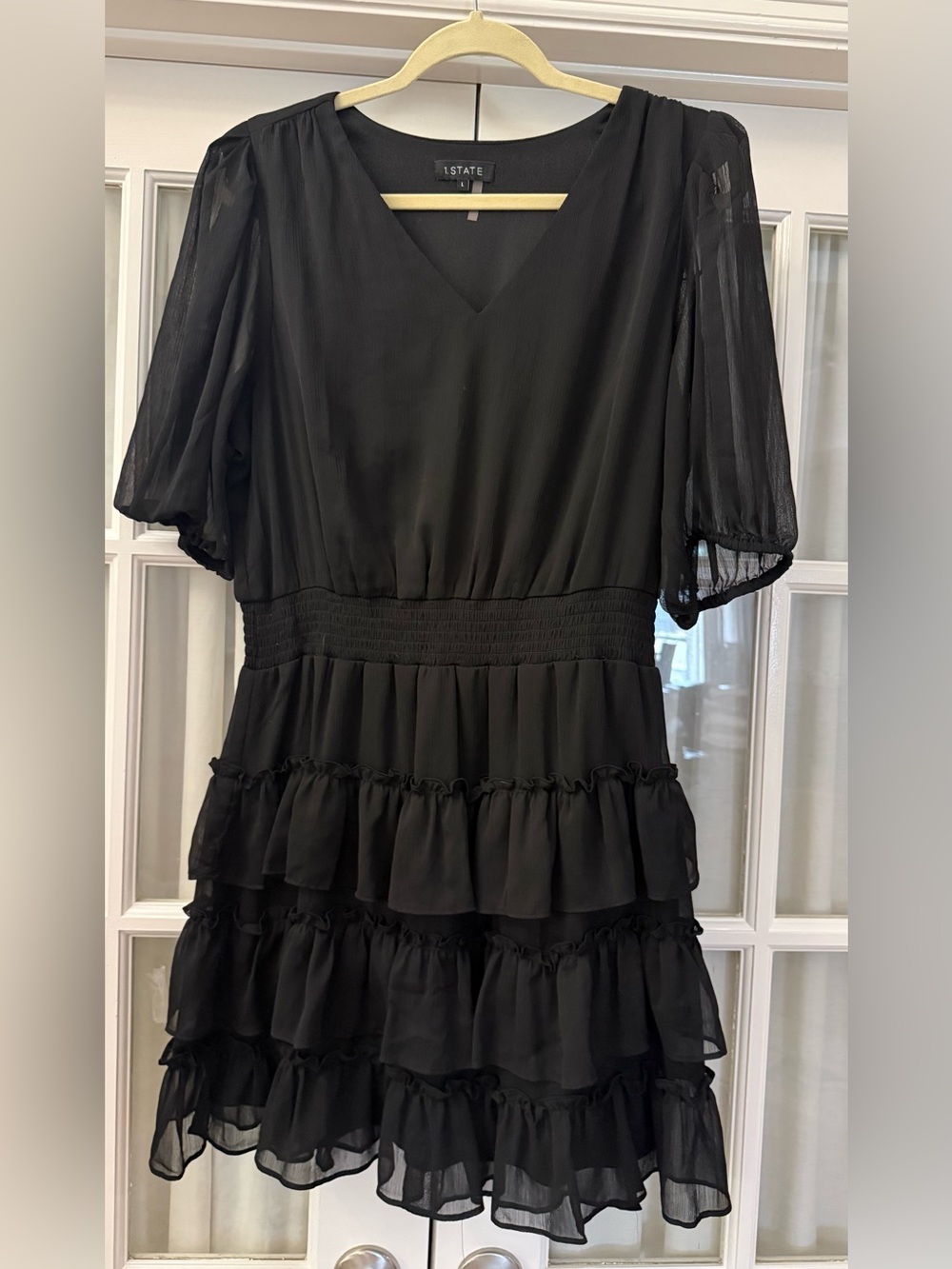 1. State Black V-Neck Smocked Waist Tiered Mini Dress